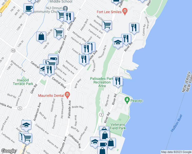 map of restaurants, bars, coffee shops, grocery stores, and more near 2 Horizon Road in Fort Lee