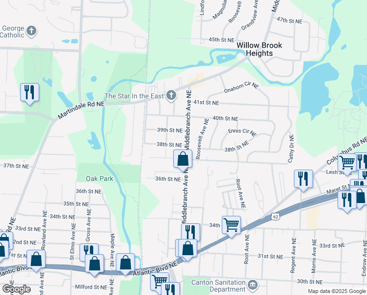 map of restaurants, bars, coffee shops, grocery stores, and more near 3741 Middlebranch Avenue Northeast in Canton