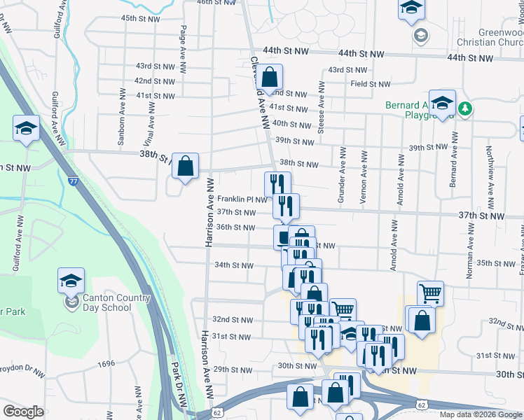 map of restaurants, bars, coffee shops, grocery stores, and more near 1907 37th St NW in Canton