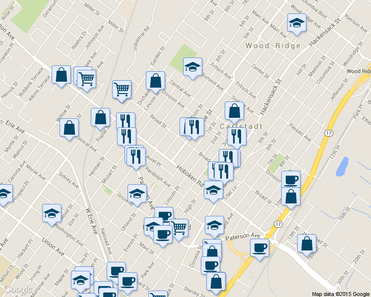 map of restaurants, bars, coffee shops, grocery stores, and more near 500 Broad Street in Carlstadt