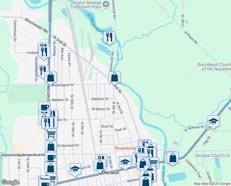 map of restaurants, bars, coffee shops, grocery stores, and more near 916 North 5th Street in Decatur