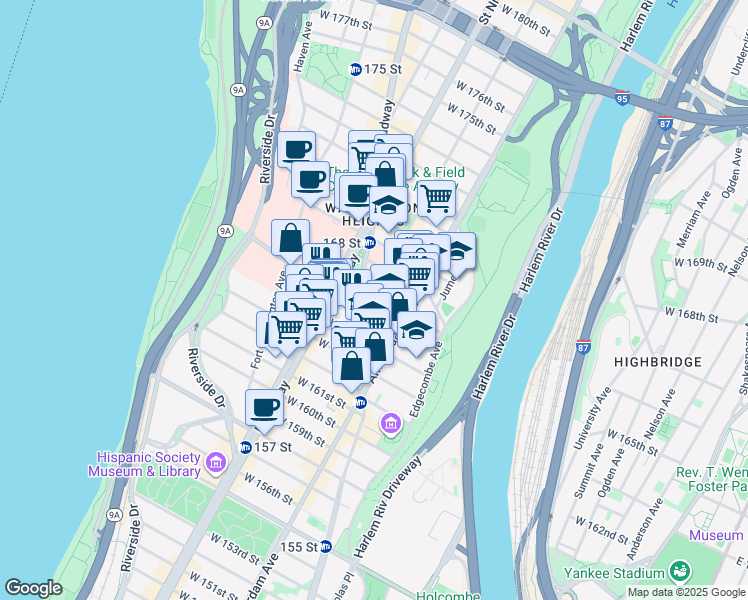 map of restaurants, bars, coffee shops, grocery stores, and more near 21 Audubon Avenue in New York