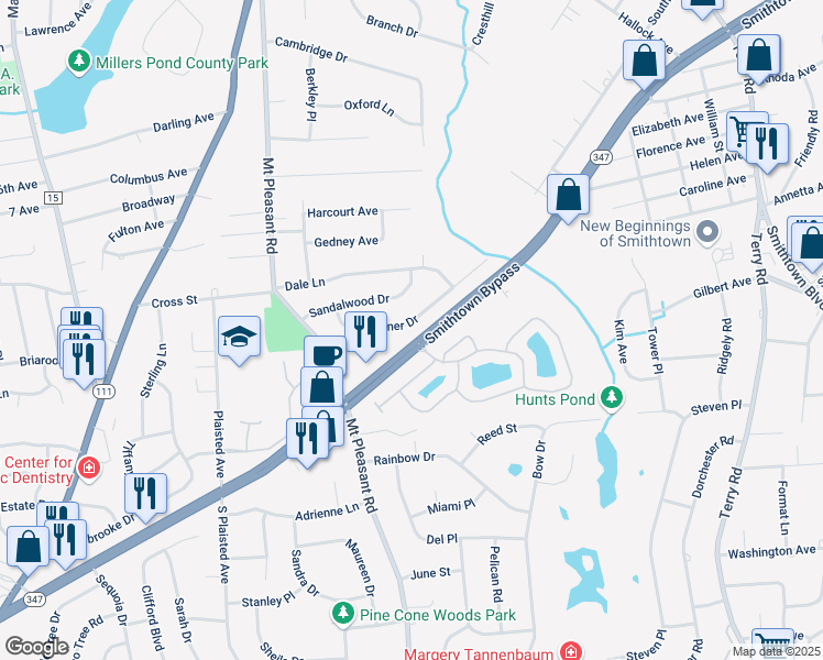 map of restaurants, bars, coffee shops, grocery stores, and more near 24 Brilner Drive in Smithtown