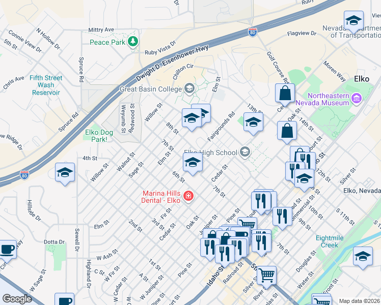 map of restaurants, bars, coffee shops, grocery stores, and more near 772 Maple Street in Elko