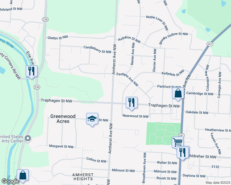 map of restaurants, bars, coffee shops, grocery stores, and more near 3988 Amherst Avenue Northwest in Massillon