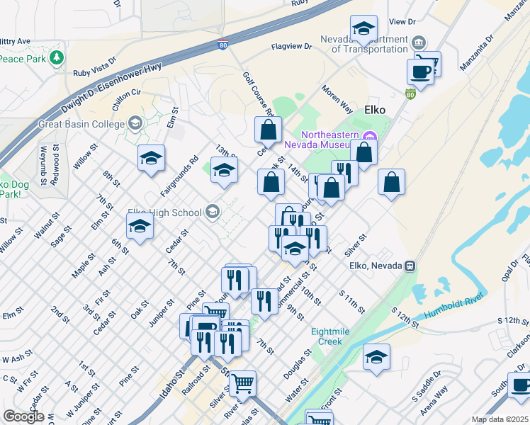 map of restaurants, bars, coffee shops, grocery stores, and more near 1140 College Avenue in Elko