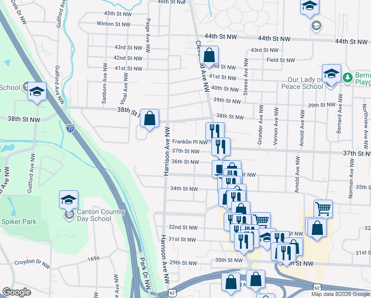map of restaurants, bars, coffee shops, grocery stores, and more near 2023 37th Street Northwest in Canton