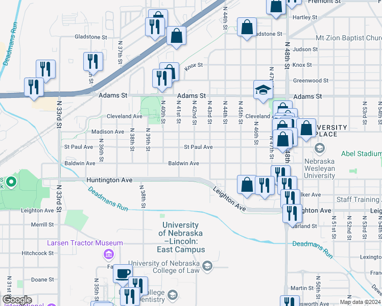 map of restaurants, bars, coffee shops, grocery stores, and more near 2635 North 42nd Street in Lincoln