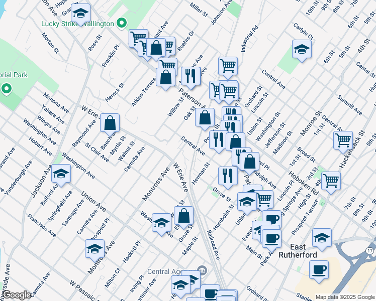 map of restaurants, bars, coffee shops, grocery stores, and more near 436 Central Avenue in East Rutherford