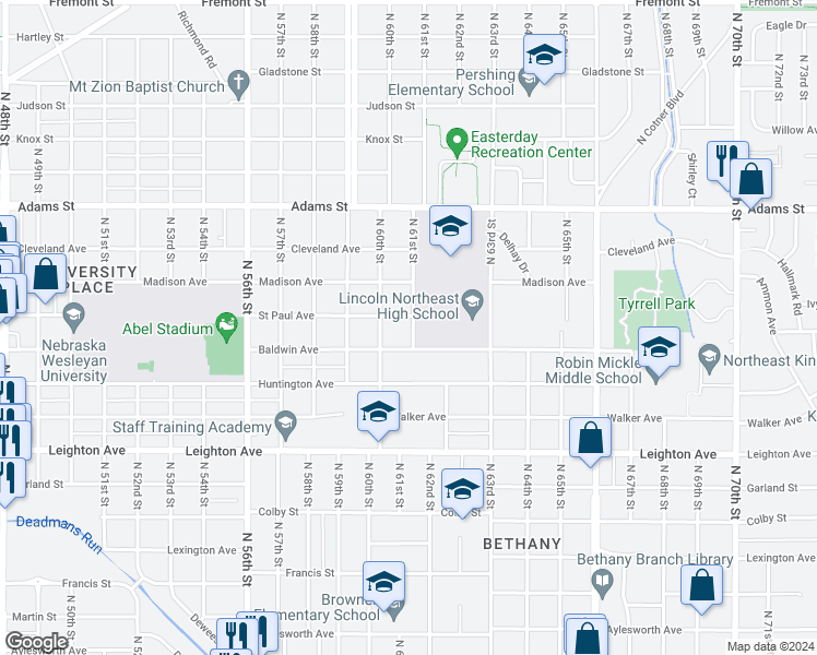 map of restaurants, bars, coffee shops, grocery stores, and more near 2635 North 61st Street in Lincoln