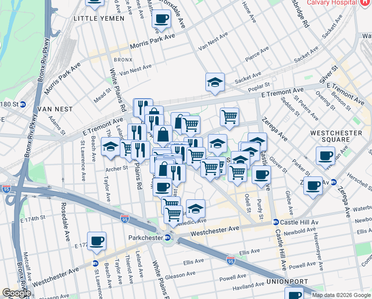 map of restaurants, bars, coffee shops, grocery stores, and more near 5 Metropolitan Oval in Bronx