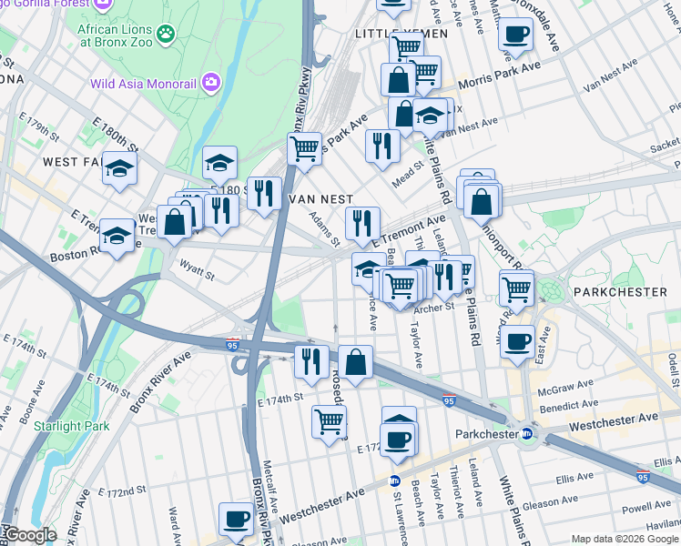 map of restaurants, bars, coffee shops, grocery stores, and more near 1539 Rosedale Avenue in The Bronx