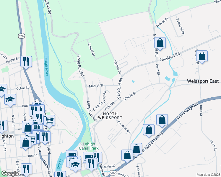 map of restaurants, bars, coffee shops, grocery stores, and more near 360 Fairyland Road in Lehighton