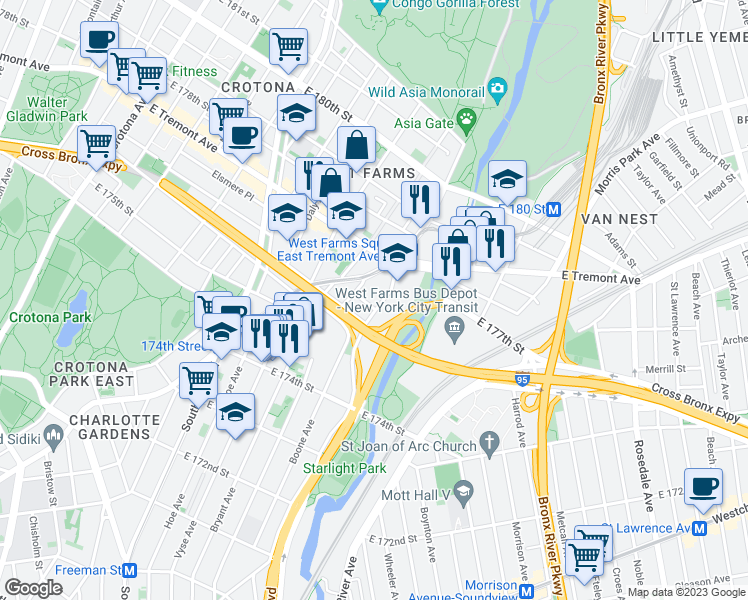 map of restaurants, bars, coffee shops, grocery stores, and more near 1923 West Farms Road in Bronx
