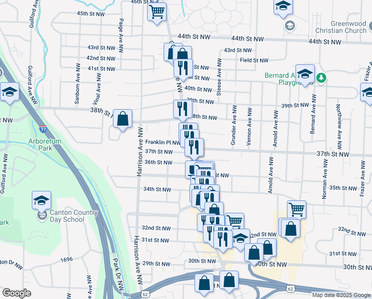 map of restaurants, bars, coffee shops, grocery stores, and more near 3712 Cleveland Avenue Northwest in Canton