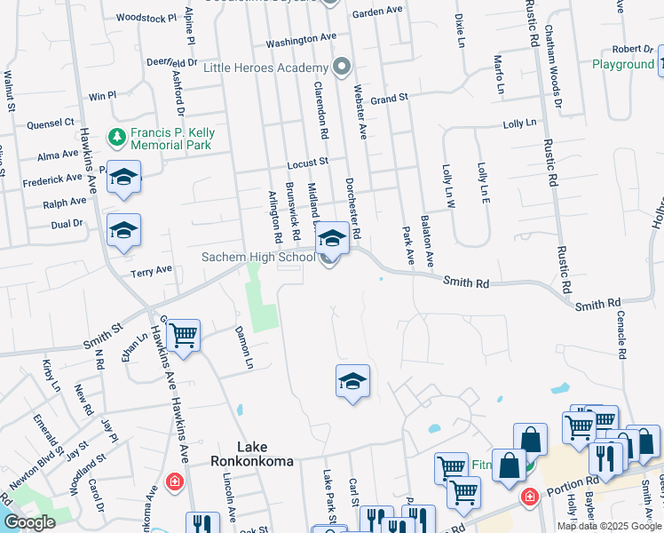 map of restaurants, bars, coffee shops, grocery stores, and more near 212 Smith Road in Lake Ronkonkoma