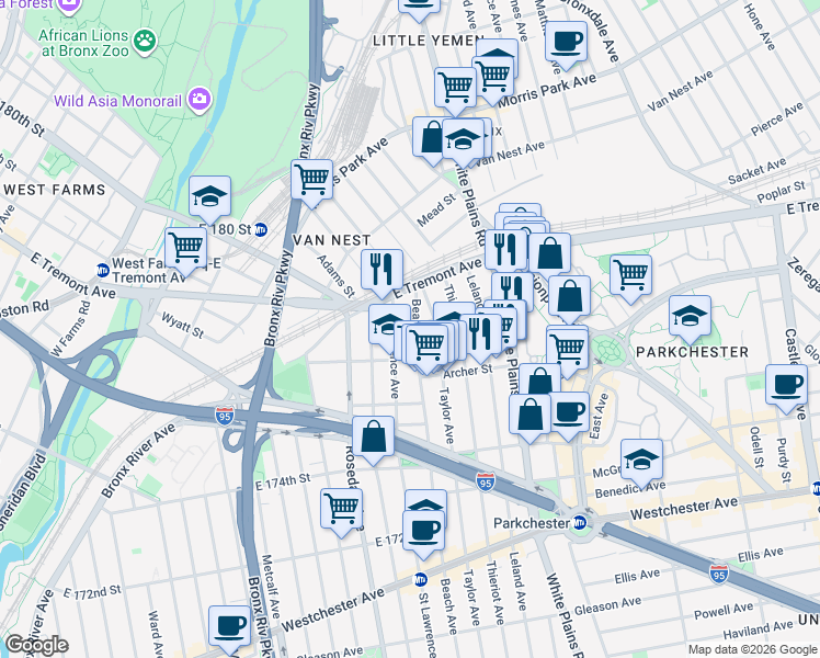 map of restaurants, bars, coffee shops, grocery stores, and more near 1533 Beach Avenue in The Bronx
