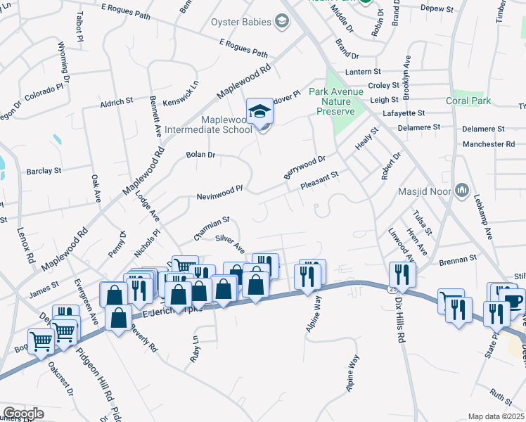 map of restaurants, bars, coffee shops, grocery stores, and more near 4 Antoine Court in Huntington