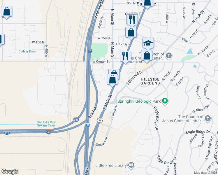 map of restaurants, bars, coffee shops, grocery stores, and more near 154 U.S. 89 in North Salt Lake
