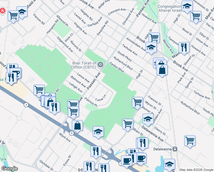 map of restaurants, bars, coffee shops, grocery stores, and more near 42 Patricia Place in Clifton