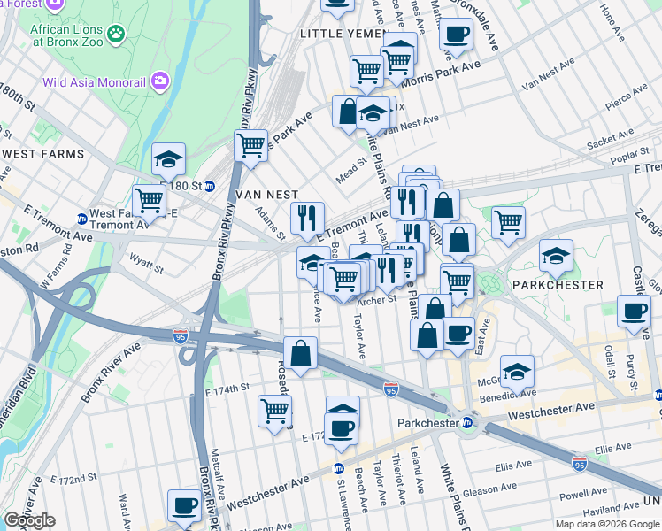 map of restaurants, bars, coffee shops, grocery stores, and more near 1533 Beach Avenue in The Bronx