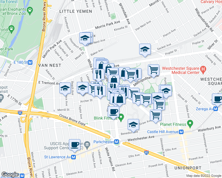 map of restaurants, bars, coffee shops, grocery stores, and more near 1563 Unionport Road in Bronx