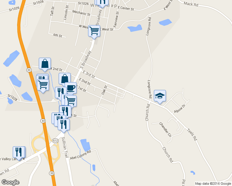 map of restaurants, bars, coffee shops, grocery stores, and more near 258 East 2nd Street in Wind Gap