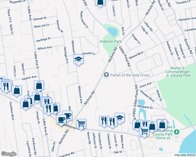 map of restaurants, bars, coffee shops, grocery stores, and more near 84 Nichols Road in Nesconset