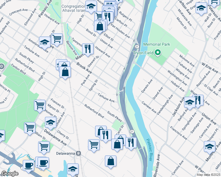 map of restaurants, bars, coffee shops, grocery stores, and more near 41 Brook Avenue in Passaic