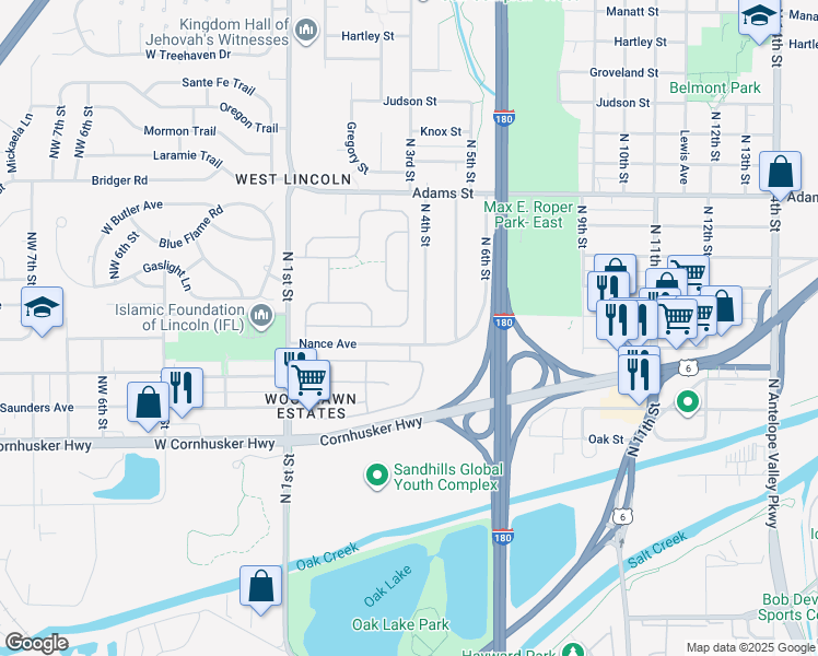 map of restaurants, bars, coffee shops, grocery stores, and more near 2600 North 3rd Street in Lincoln