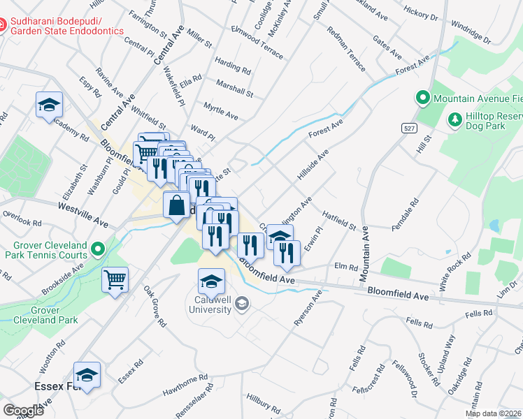 map of restaurants, bars, coffee shops, grocery stores, and more near 7 Hillside Avenue in Caldwell