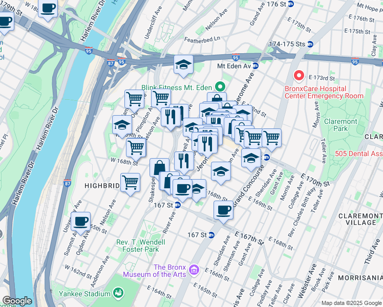 map of restaurants, bars, coffee shops, grocery stores, and more near 1325 Inwood Avenue in The Bronx