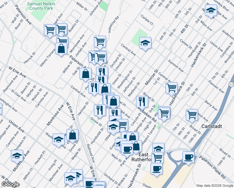map of restaurants, bars, coffee shops, grocery stores, and more near 302 Hoboken Road in East Rutherford