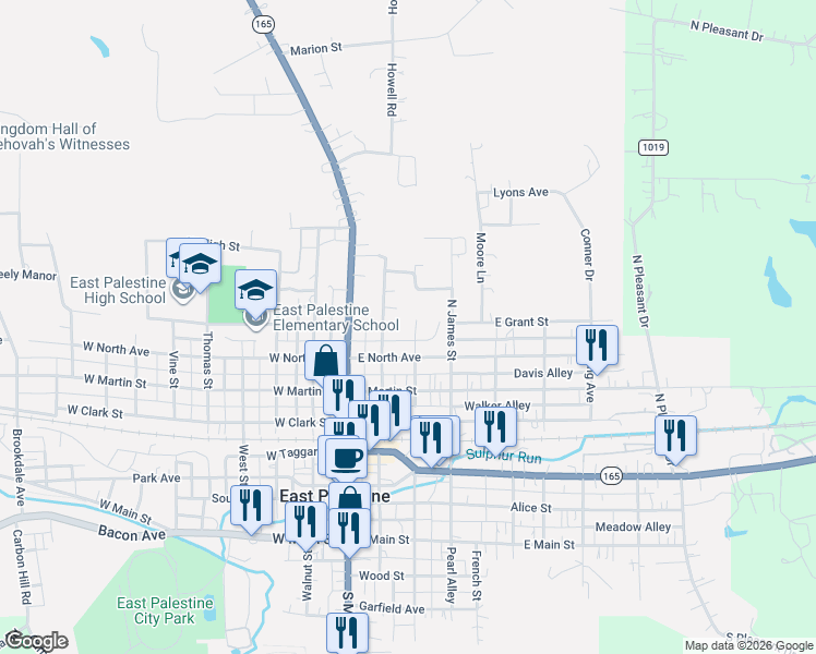 map of restaurants, bars, coffee shops, grocery stores, and more near 452 North Sumner Street in East Palestine