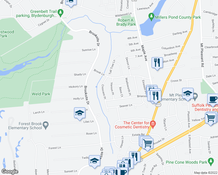 map of restaurants, bars, coffee shops, grocery stores, and more near 10 Vernon Place in Smithtown