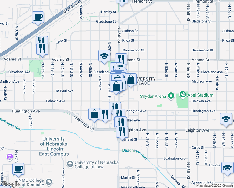 map of restaurants, bars, coffee shops, grocery stores, and more near 2639 North 48th Street in Lincoln