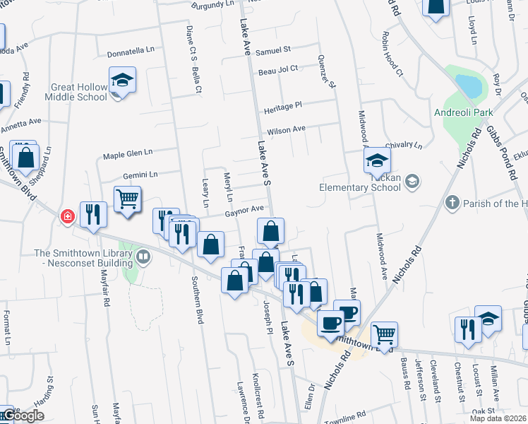 map of restaurants, bars, coffee shops, grocery stores, and more near 356 Lake Avenue South in Nesconset