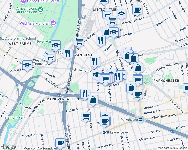 map of restaurants, bars, coffee shops, grocery stores, and more near 1532 Commonwealth Avenue in Bronx