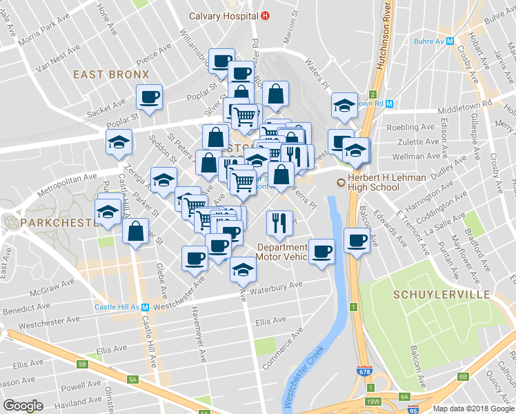 map of restaurants, bars, coffee shops, grocery stores, and more near 1416 Saint Peters Avenue in Bronx