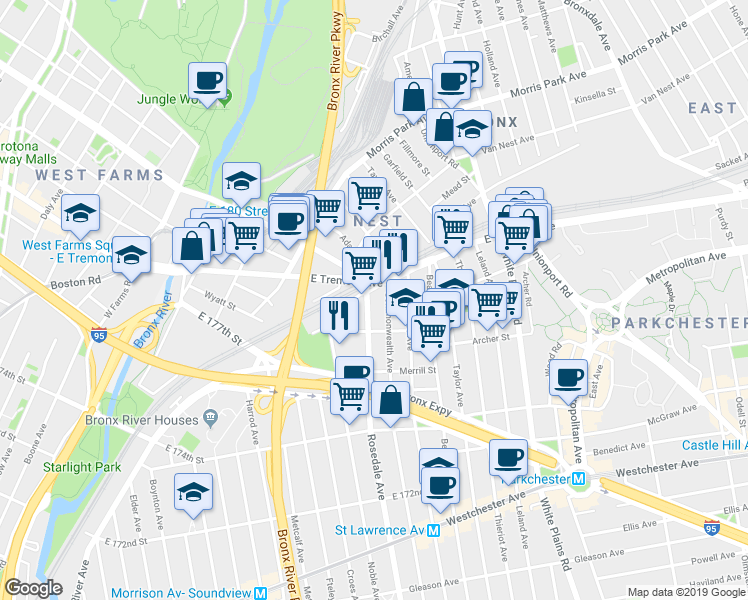map of restaurants, bars, coffee shops, grocery stores, and more near 1539 Rosedale Avenue in The Bronx