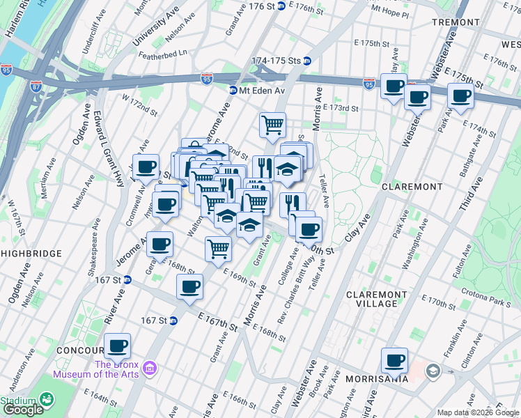 map of restaurants, bars, coffee shops, grocery stores, and more near in The Bronx