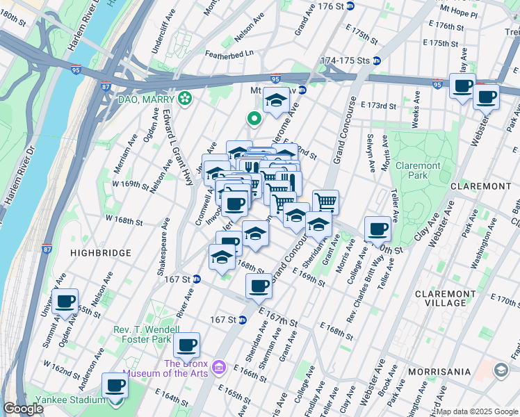 map of restaurants, bars, coffee shops, grocery stores, and more near 38 Elliot Place in The Bronx