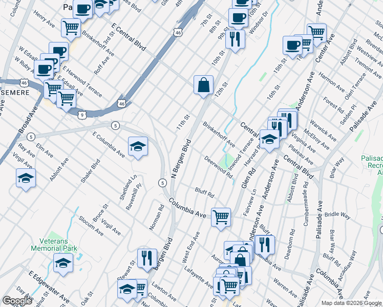 map of restaurants, bars, coffee shops, grocery stores, and more near 166 Morningside Lane in Palisades Park