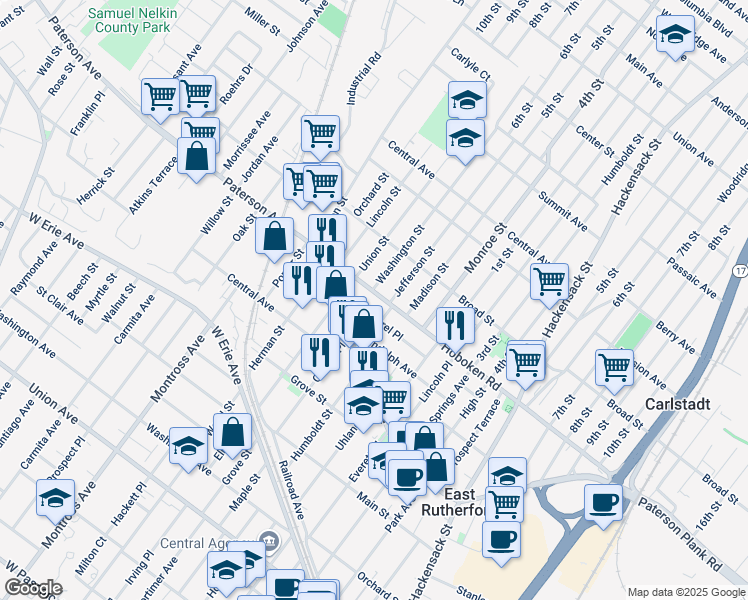 map of restaurants, bars, coffee shops, grocery stores, and more near 302 Hoboken Road in East Rutherford