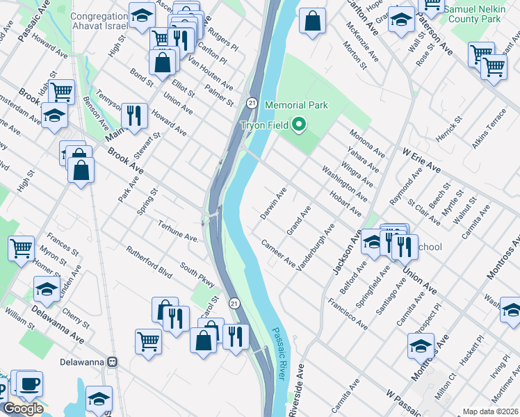 map of restaurants, bars, coffee shops, grocery stores, and more near 118 Hastings Avenue in Rutherford