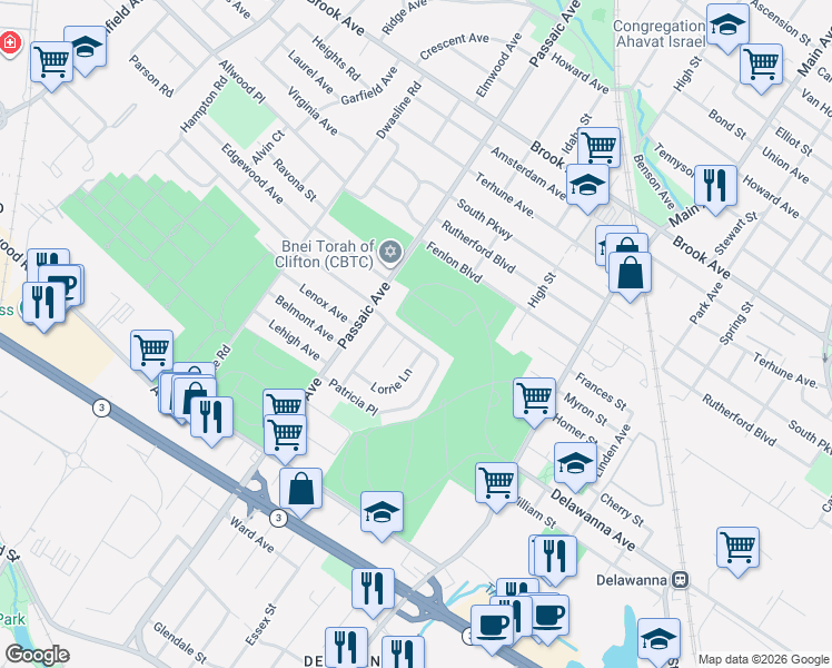 map of restaurants, bars, coffee shops, grocery stores, and more near 42 Patricia Place in Clifton