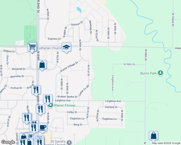 map of restaurants, bars, coffee shops, grocery stores, and more near 2652 North 91st Street in Lincoln