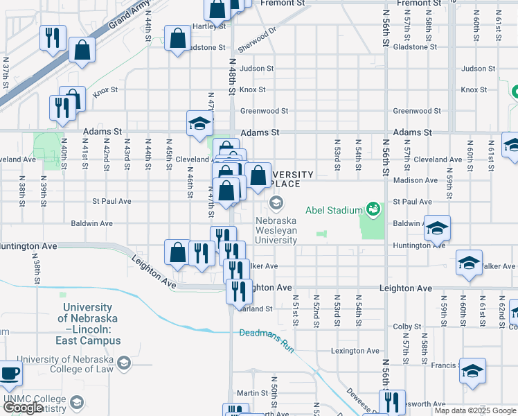 map of restaurants, bars, coffee shops, grocery stores, and more near 2641 North 49th Street in Lincoln