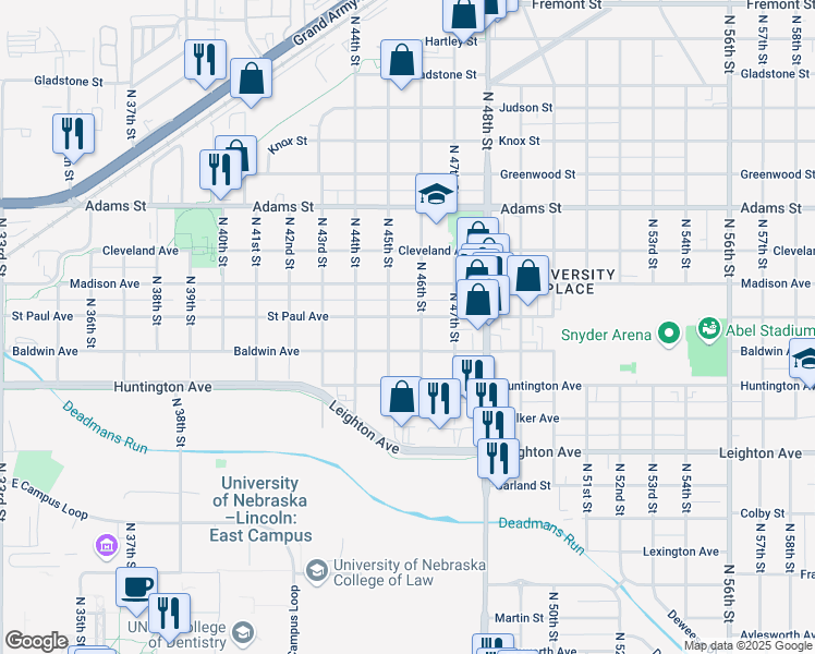 map of restaurants, bars, coffee shops, grocery stores, and more near 4519 Saint Paul Avenue in Lincoln