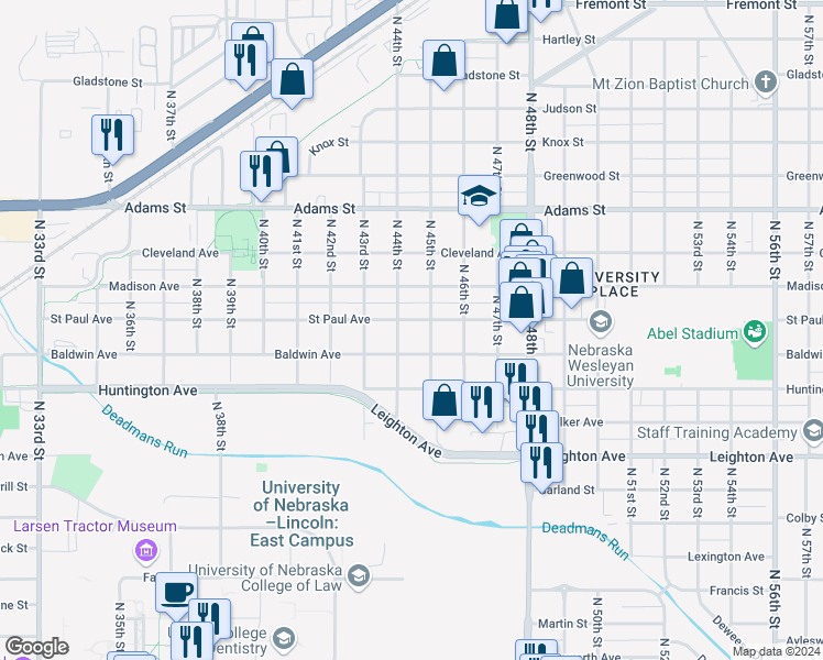 map of restaurants, bars, coffee shops, grocery stores, and more near 4411 Saint Paul Avenue in Lincoln